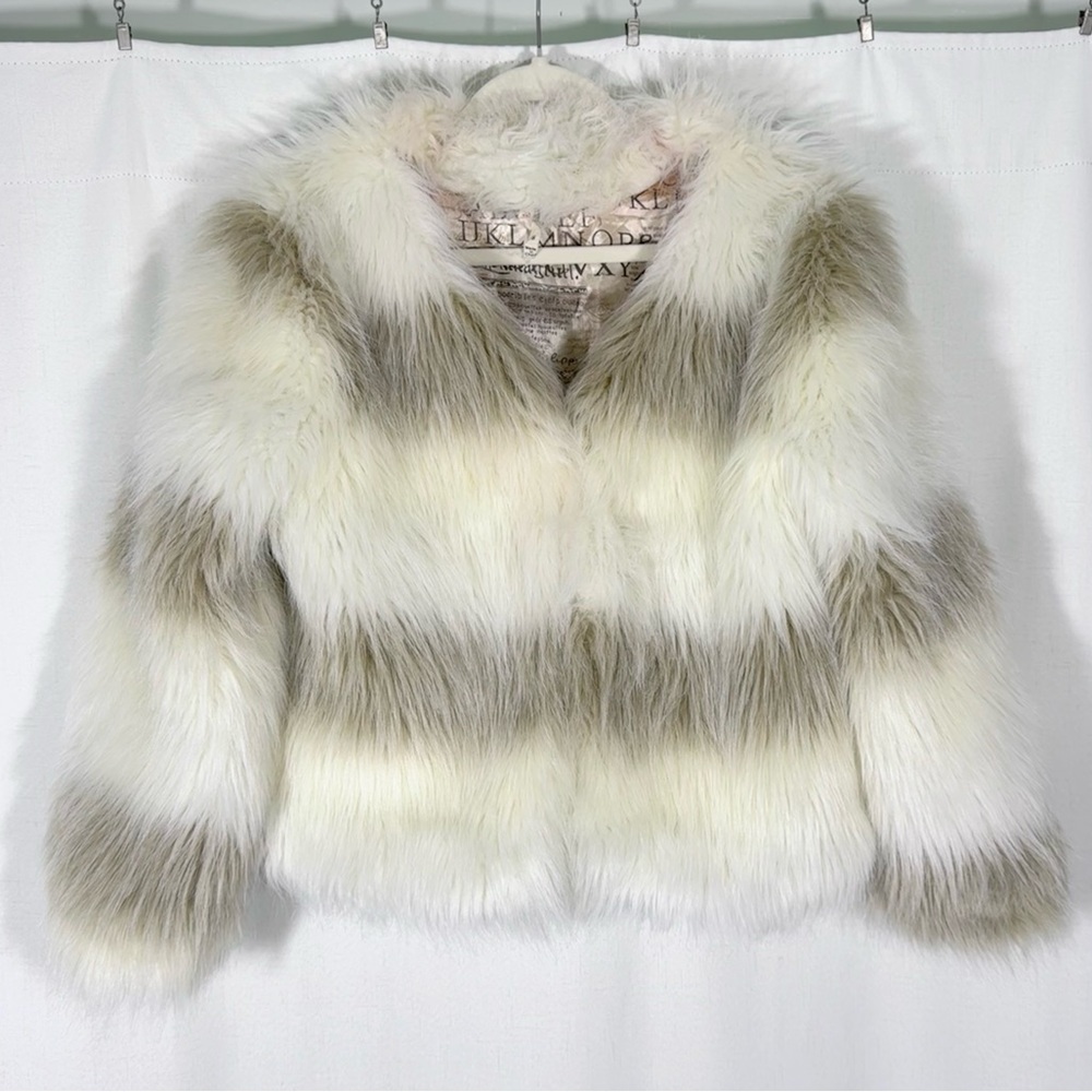 RAGA White & Beige Striped Faux Fur Jacket